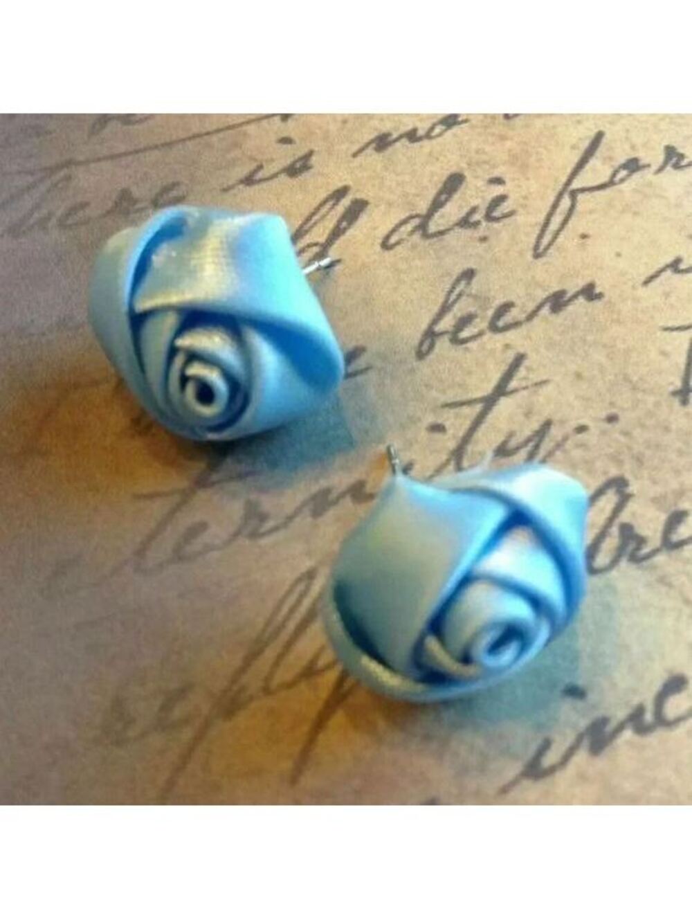 Hand Crafted Satin Rose Retro Victorian Fabric Stud Earrings Light Blue